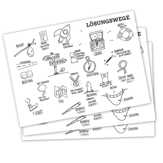 Drei Postkarten „Lösungswege" – lösungsorientierte Sketchnotes als Impuls für Coaching, Supervision oder zum Weiterverschenken.