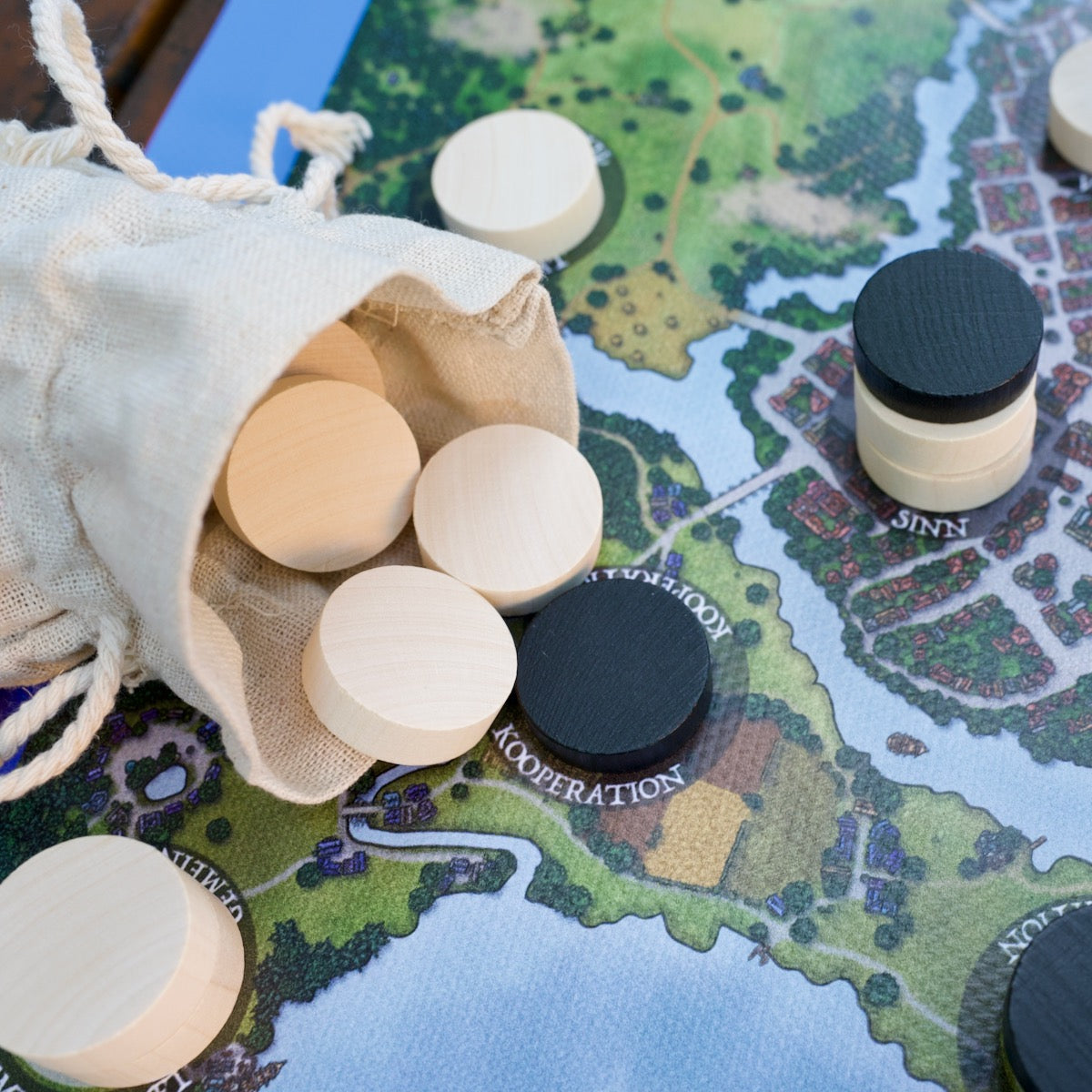 35 Holzsteine für die Team-Methode TEAM-TOWN von LAUF-RAT im Leinenbeutel