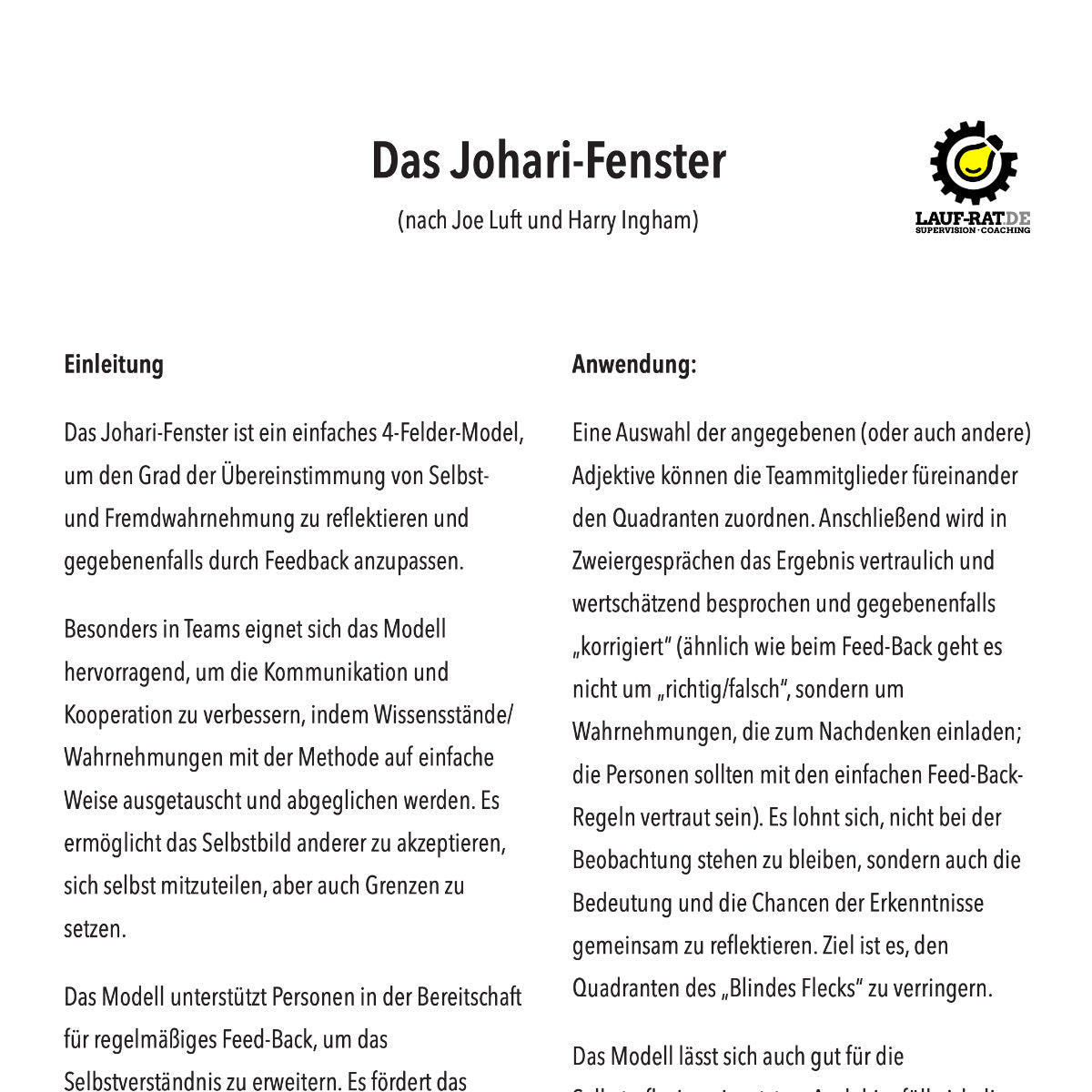 Anleitung zum Johari Fenster und Anregung für die Methode