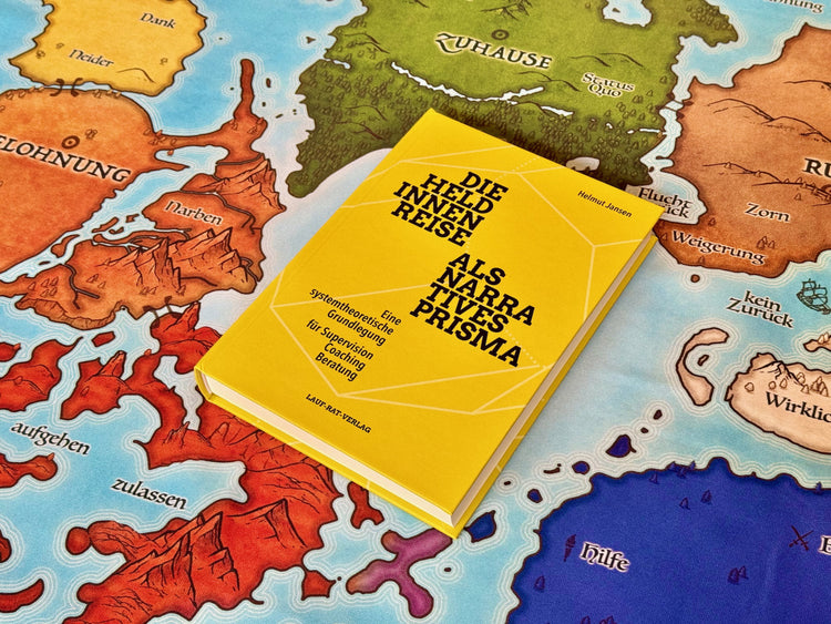 Das Buch zur Heldenreise von Helmut Jansen vor der Stoffkarte  der Heldinnenreise