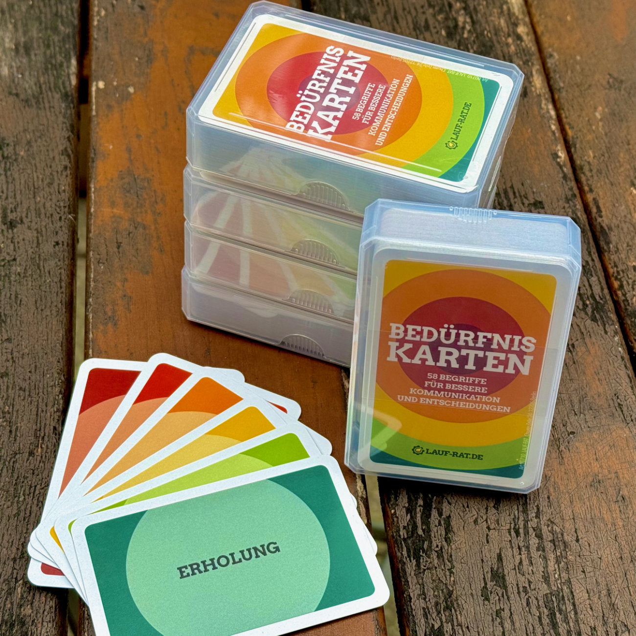 Set aus 58 Bedürfnis-Karten im Spielkarten-Format mit einfarbiger und mehrfarbiger Seite