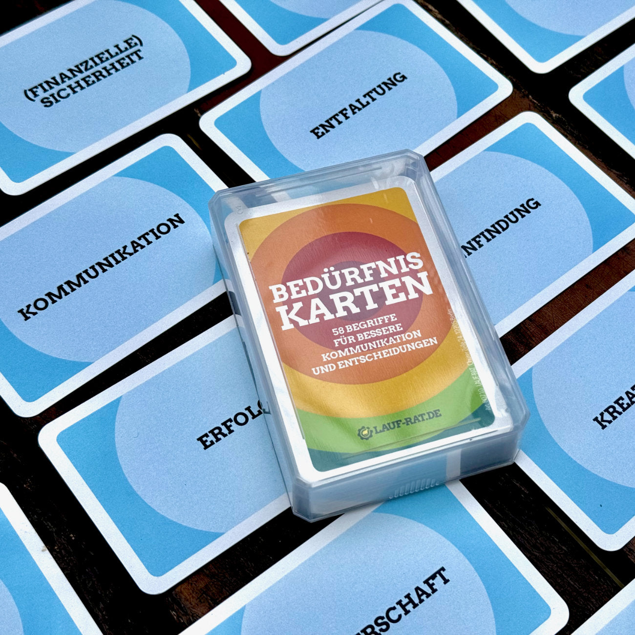 Übersicht der Bedürfnis-Karten ausgelegt auf Tisch – Reflexion im Teamprozess