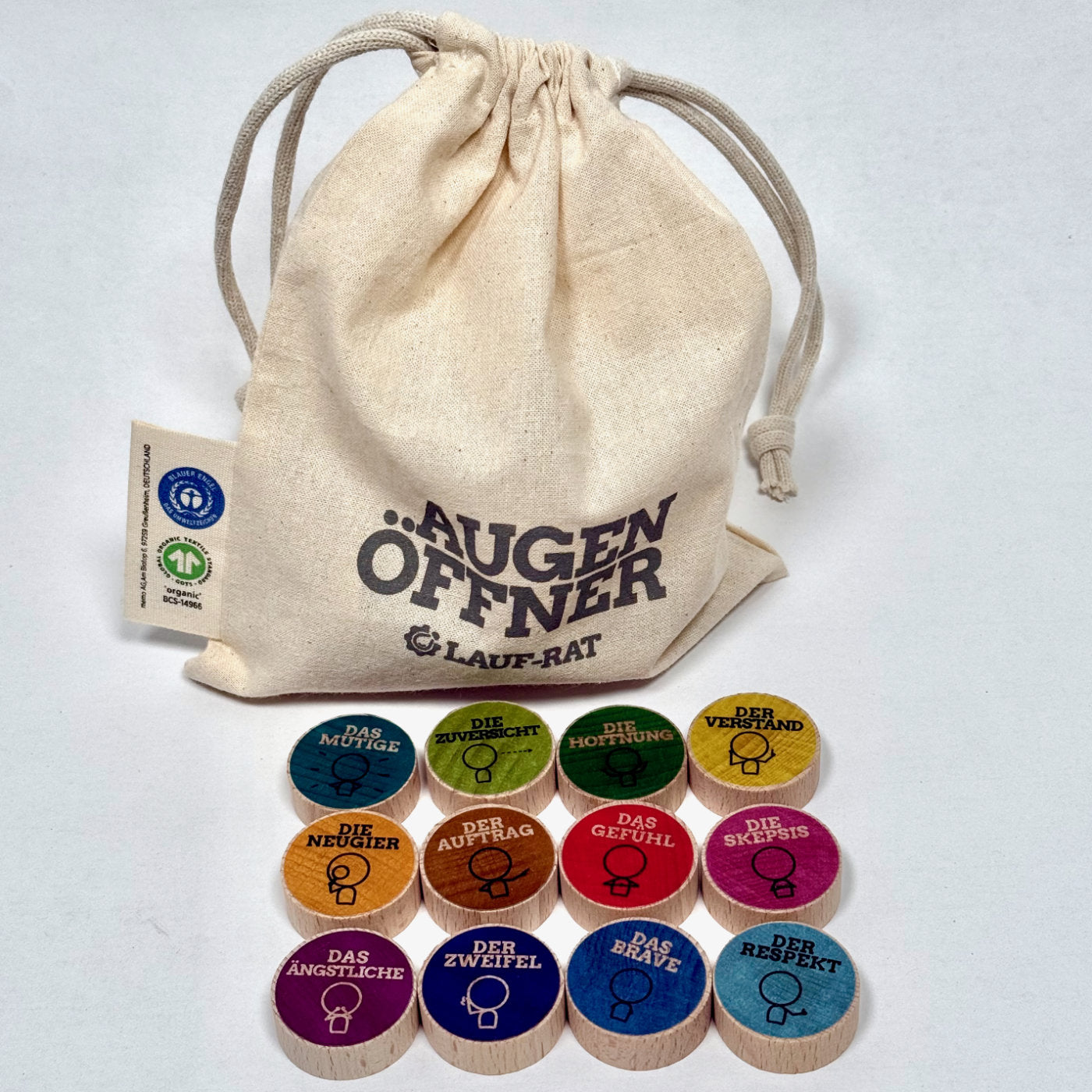 12 Holzsteine mit Perspektiven für Supervision und Coaching im Beutel von Lauf-Rat