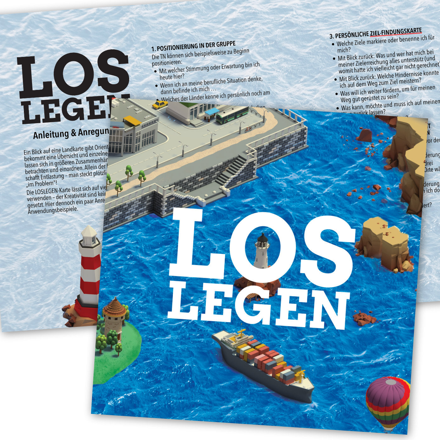 LOSLEGEN-Landkarte auf festem Karton im Format 42×42 cm, ausgelegt als Coaching- und Supervisionsmaterial