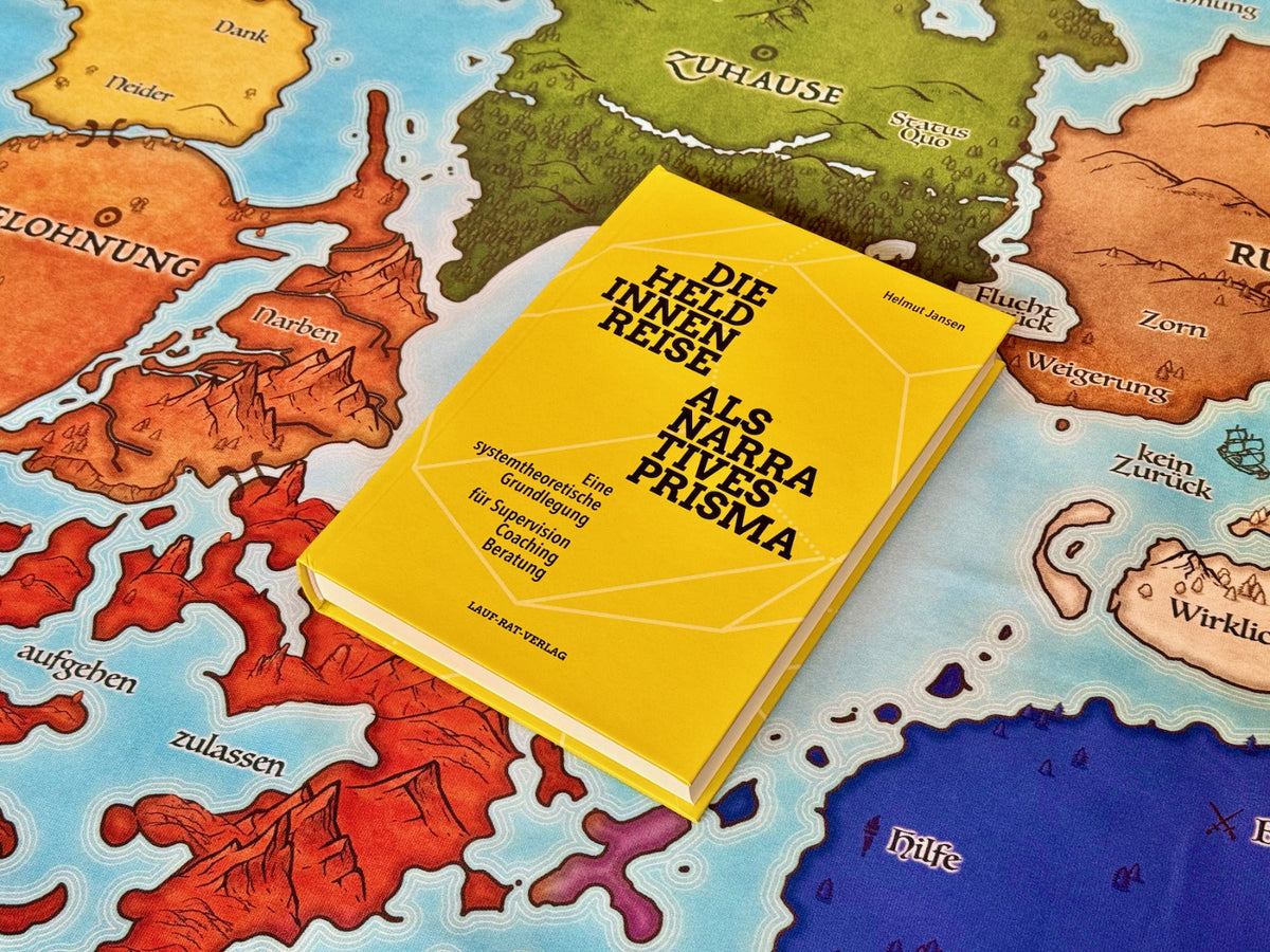 Das Buch zur Heldenreise von Helmut Jansen vor der Stoffkarte  der Heldinnenreise