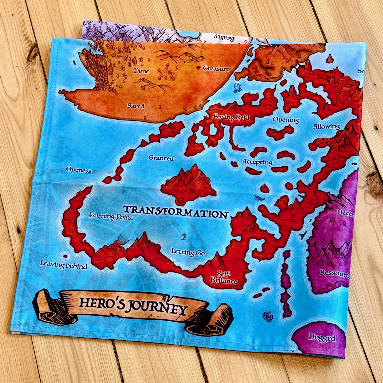 Hero’s Journey map on recycled PET fabric for systemic coaching, showing a visual landscape for development and change