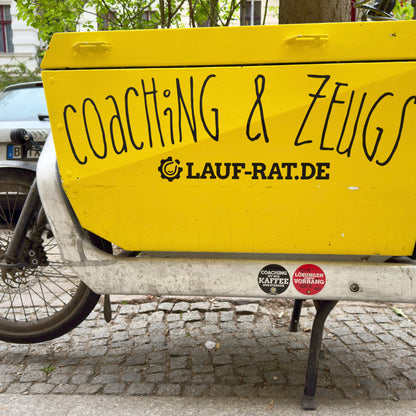 Coaching-Aufkleber von Lauf-Rat auf einem Lastenrad