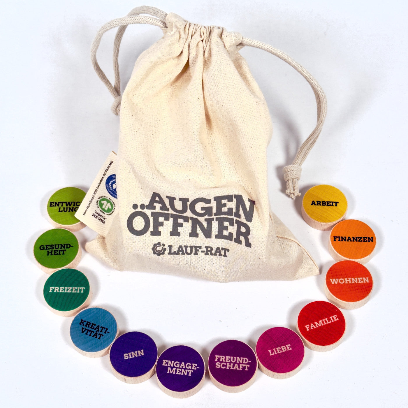 Lebens-Rad-Steine aus Holz im Baumwollbeutel als haptisches Coaching-Tool für Reflexion und Orientierung