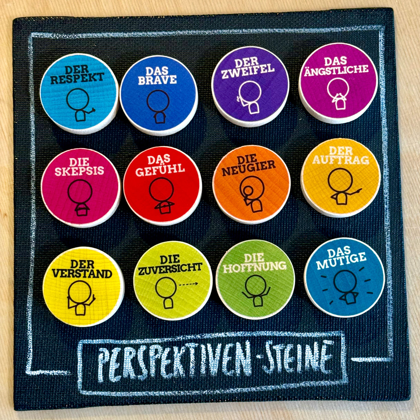 12 Holzsteine für Perspektivenarbeit in Coaching und Supervision ausgestellt auf einem schwarzen Holzbrettchen