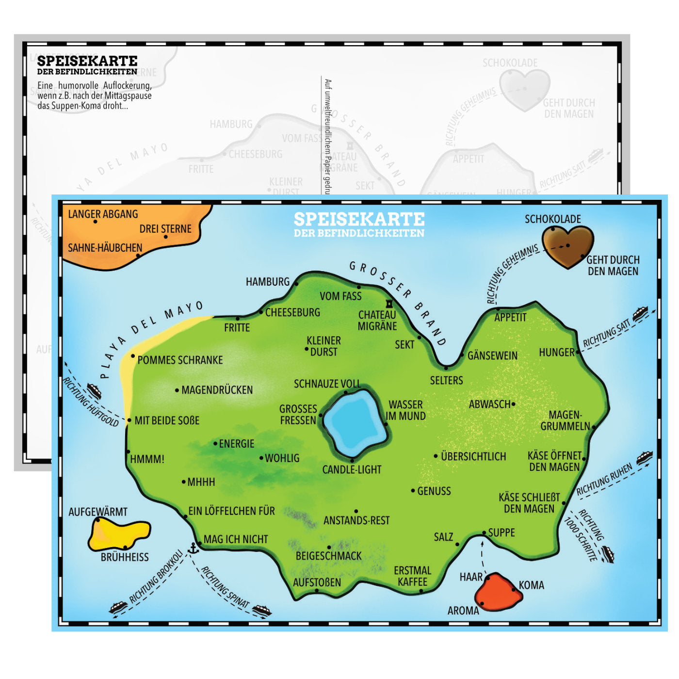 Gedruckte Postkarte „Speisekarte der Befindlichkeiten“ für Coaching, Supervision und Workshops mit humorvollen Begriffen