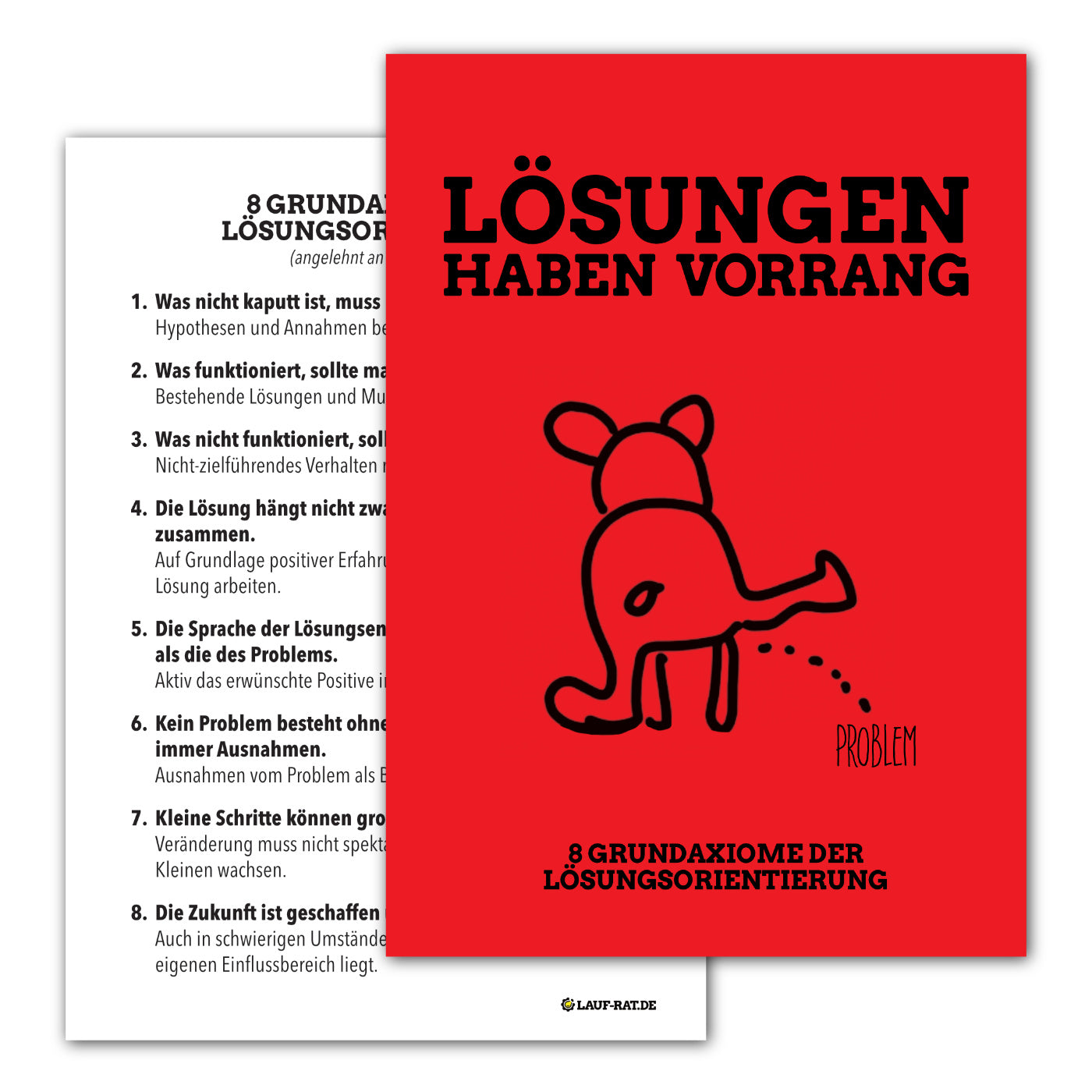 Bild 1 – Vorderseite vorne, Rückseite dahinter Postkarte „Lösungen haben Vorrang" – Vorderseite mit Illustration, dahinter die 8 Grundaxiome der Lösungsorientierung nach Steve de Shazer