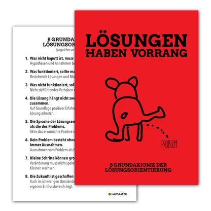 Bild 1 – Vorderseite vorne, Rückseite dahinter Postkarte „Lösungen haben Vorrang" – Vorderseite mit Illustration, dahinter die 8 Grundaxiome der Lösungsorientierung nach Steve de Shazer