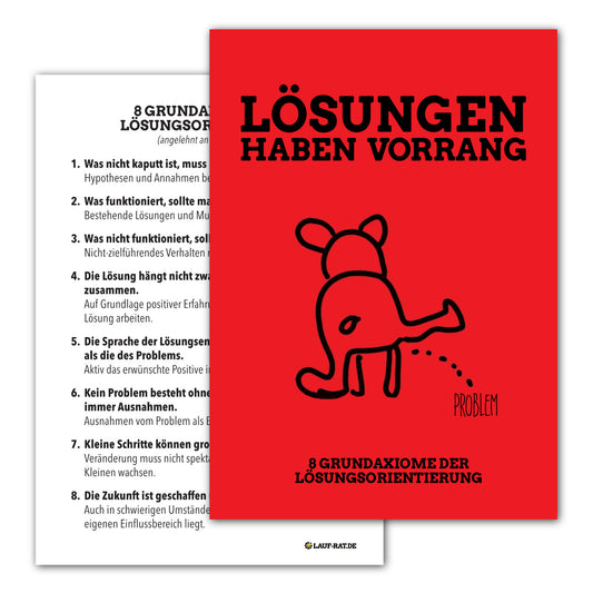 Bild 1 – Vorderseite vorne, Rückseite dahinter Postkarte „Lösungen haben Vorrang" – Vorderseite mit Illustration, dahinter die 8 Grundaxiome der Lösungsorientierung nach Steve de Shazer