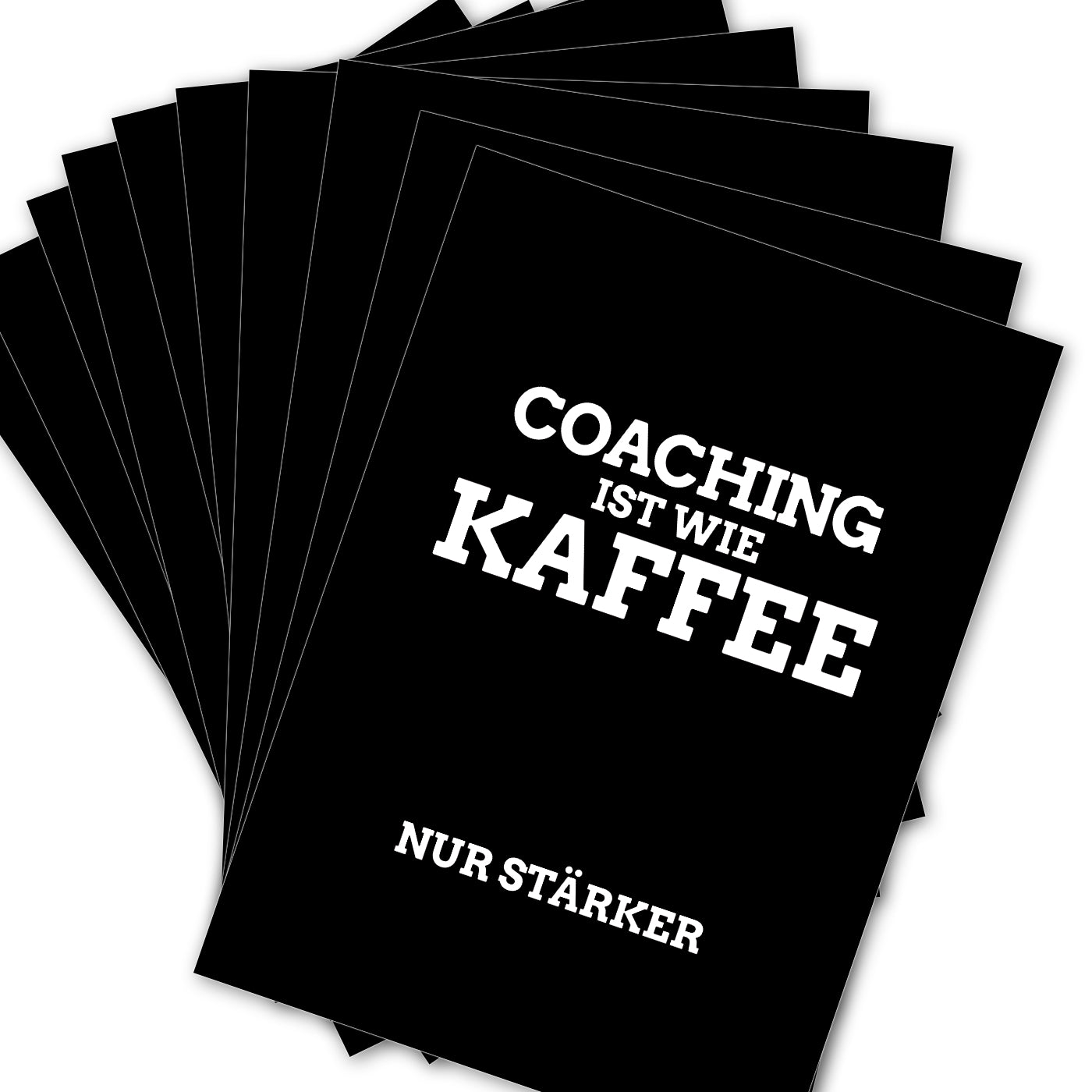 10 Coaching-Postkarten aufgefächert. „Kaffeeist wie Coaching“